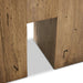 Close-up of Abaso accent bench chunky squared leg with rustic wormwood oak finish.