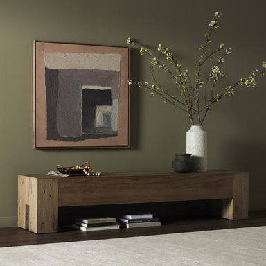 Abaso rustic wormwood oak accent bench in modern living room setting.