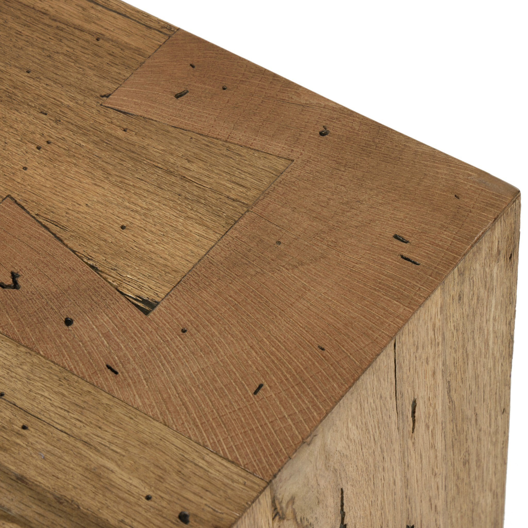 Close-up detail of rustic wormwood oak wood grain finish on Abaso accent bench surface.