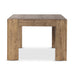 Close-up of Abaso dining table chunky squared legs with rustic wormwood oak finish and dovetail joinery.