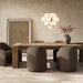 Abaso rustic wormwood oak dining table in modern dining room setting with pendant lighting.