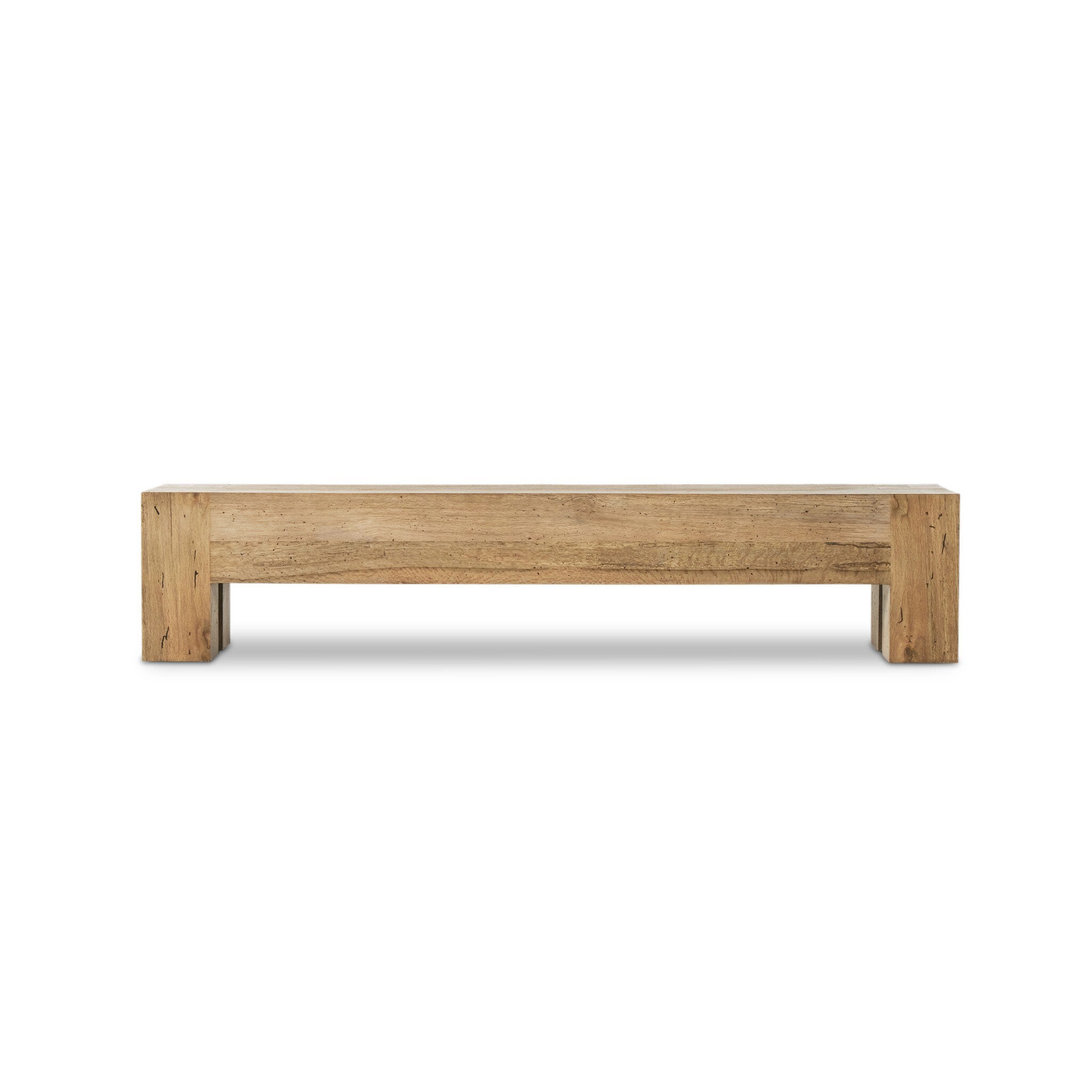 Abaso large accent bench in rustic wormwood oak with clean Parsons lines and chunky squared legs, 90 inches wide.