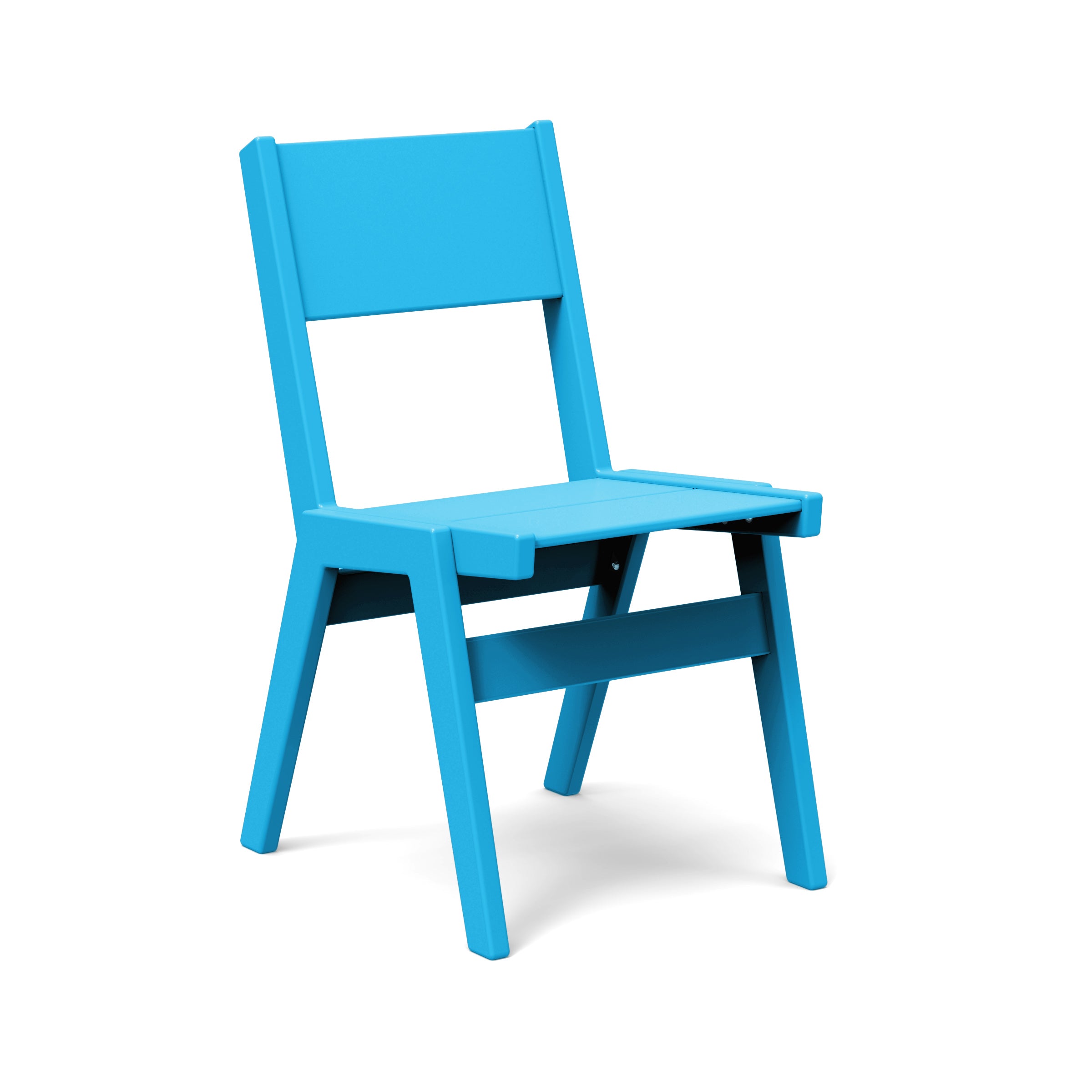 Alfresco dining chair in sky blue, sleek stackable outdoor chair made from recycled materials.