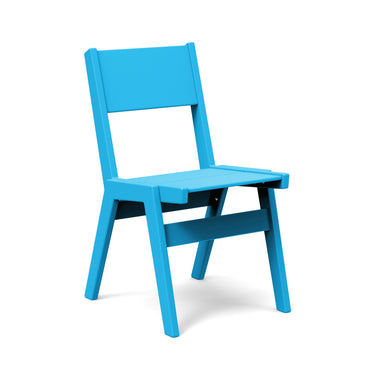 Alfresco dining chair in sky blue, sleek stackable outdoor chair made from recycled materials.