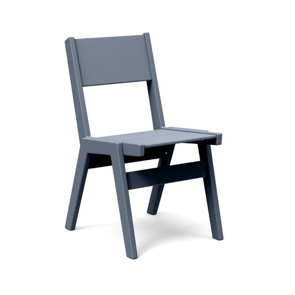 Alfresco dining chair in ash blue, modern stackable outdoor chair weighing 19 pounds.
