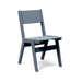 Alfresco dining chair in ash blue, modern stackable outdoor chair weighing 19 pounds.