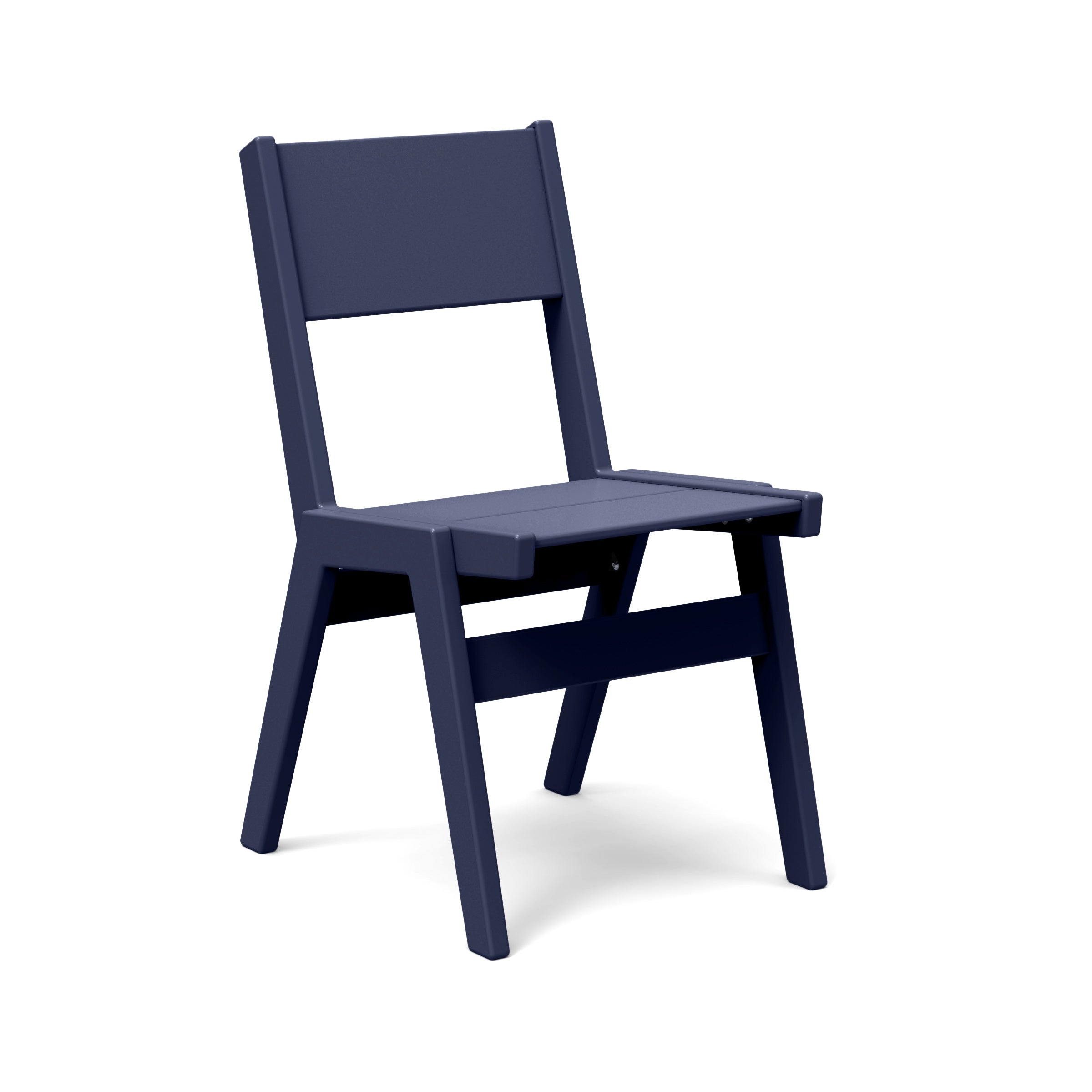 Alfresco dining chair in navy blue, durable stackable seating for outdoor spaces.