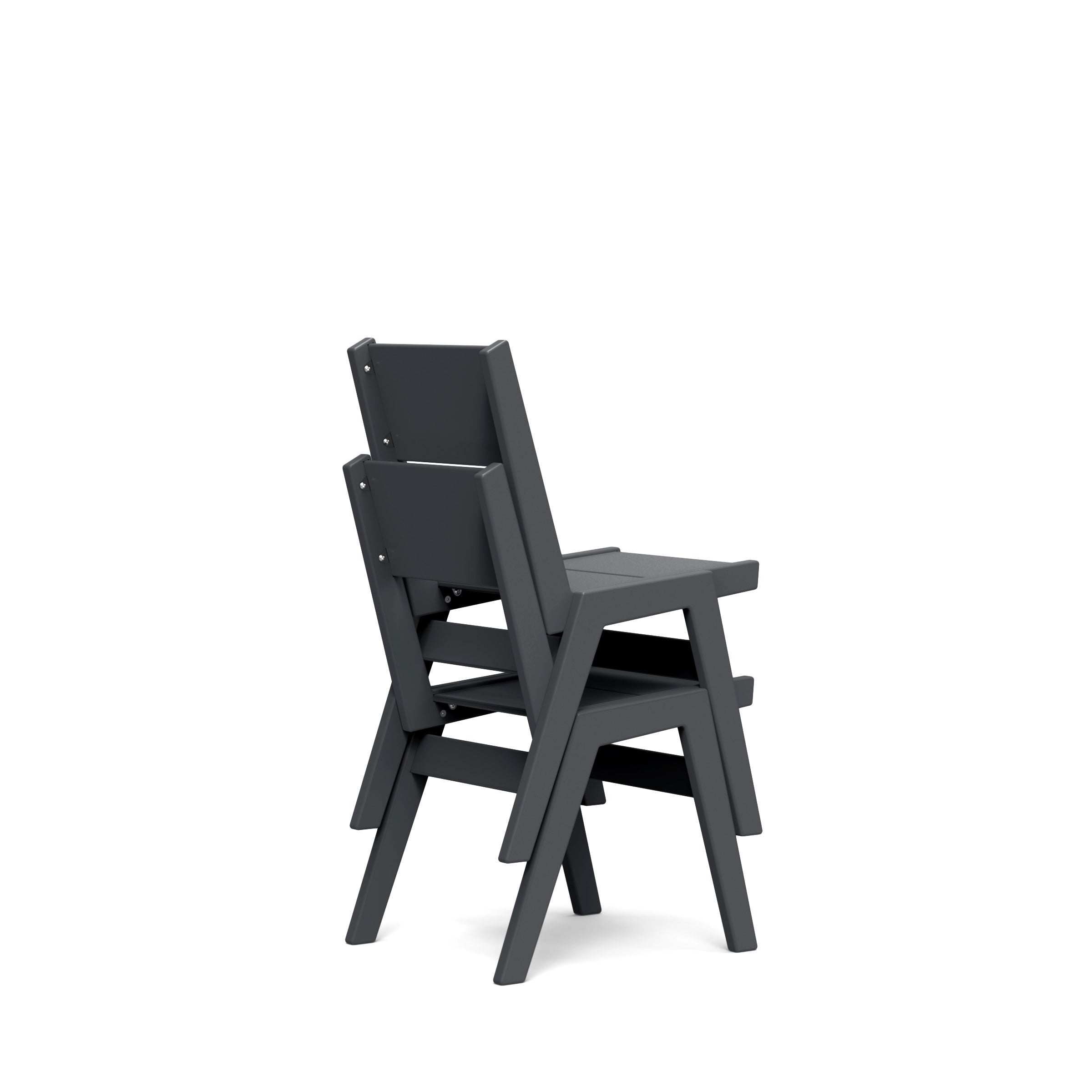 Back side view of stacked Alfresco dining chairs in grey, demonstrating stackable design up to two chairs.