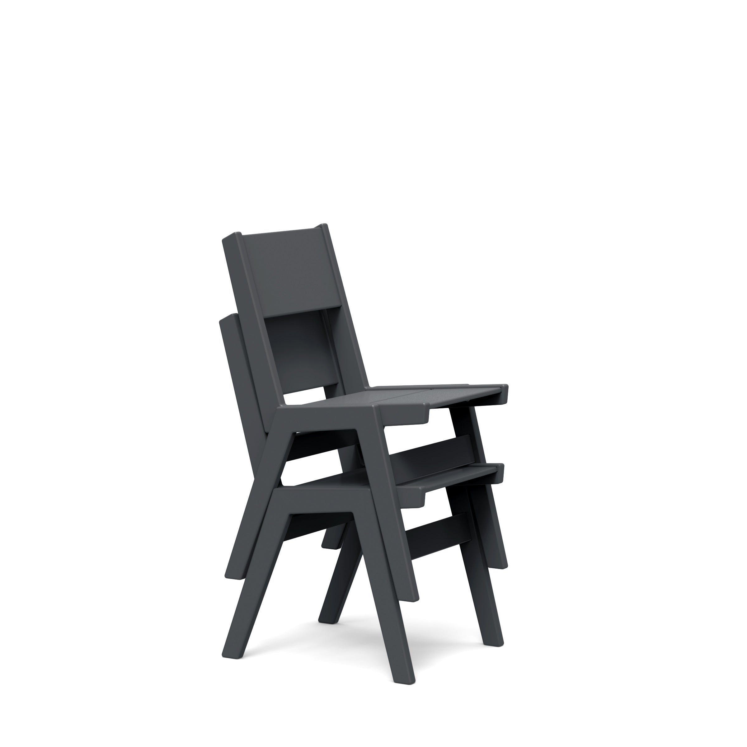 Vew of stacked Alfresco dining chairs in black, demonstrating stackable design up to two chairs.