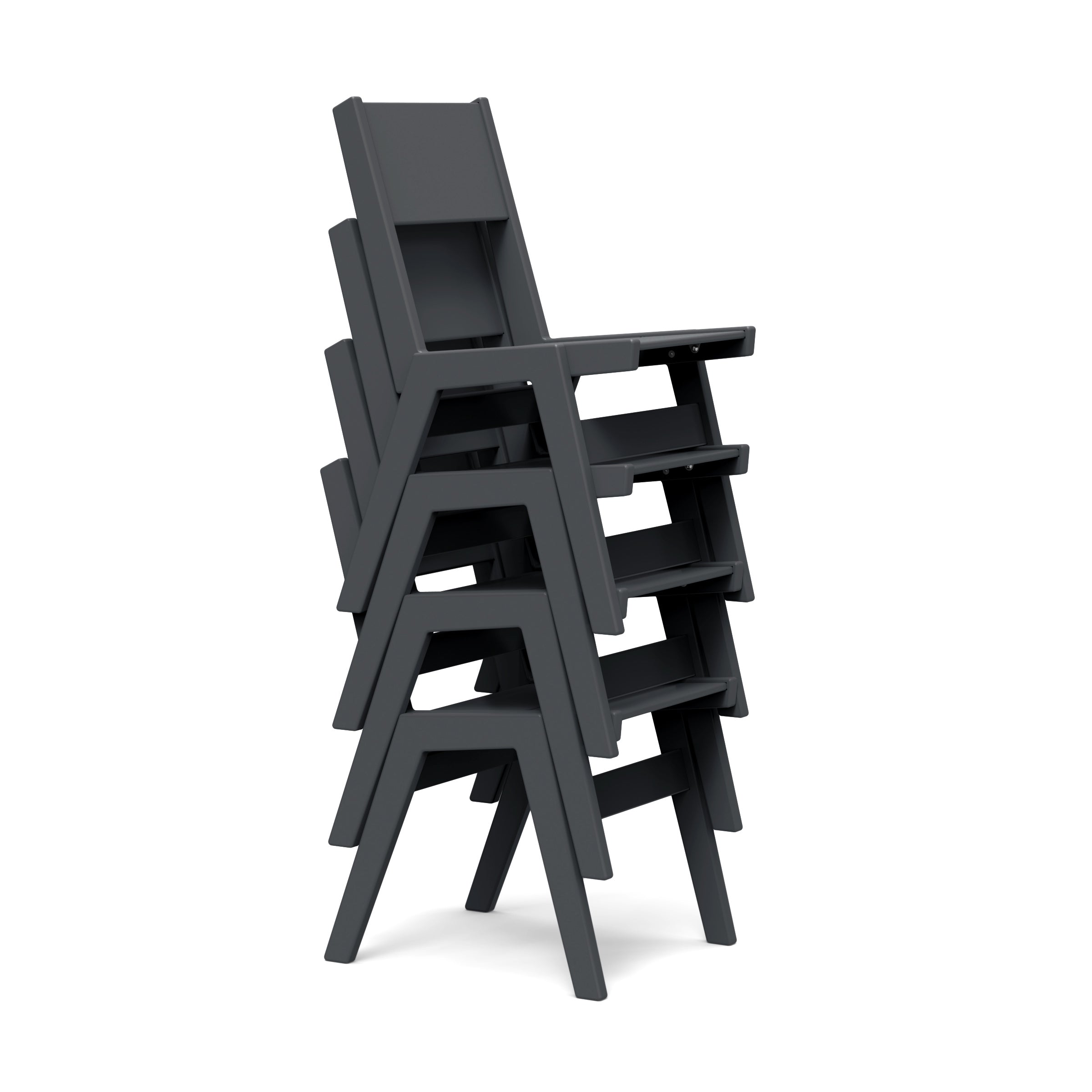 Multiple Alfresco dining chairs in grey stacked together showing space-saving storage capability.