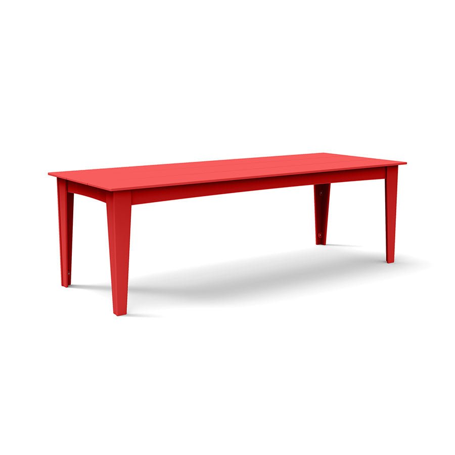 Alfresco dining table in apple red, 95-inch length for large outdoor gatherings.