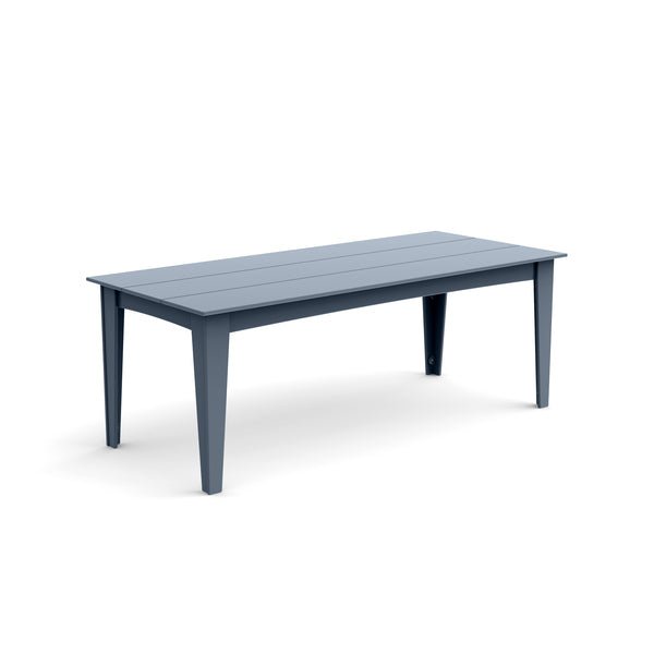 Alfresco dining table in ash blue, 82-inch length with recycled plastic construction.