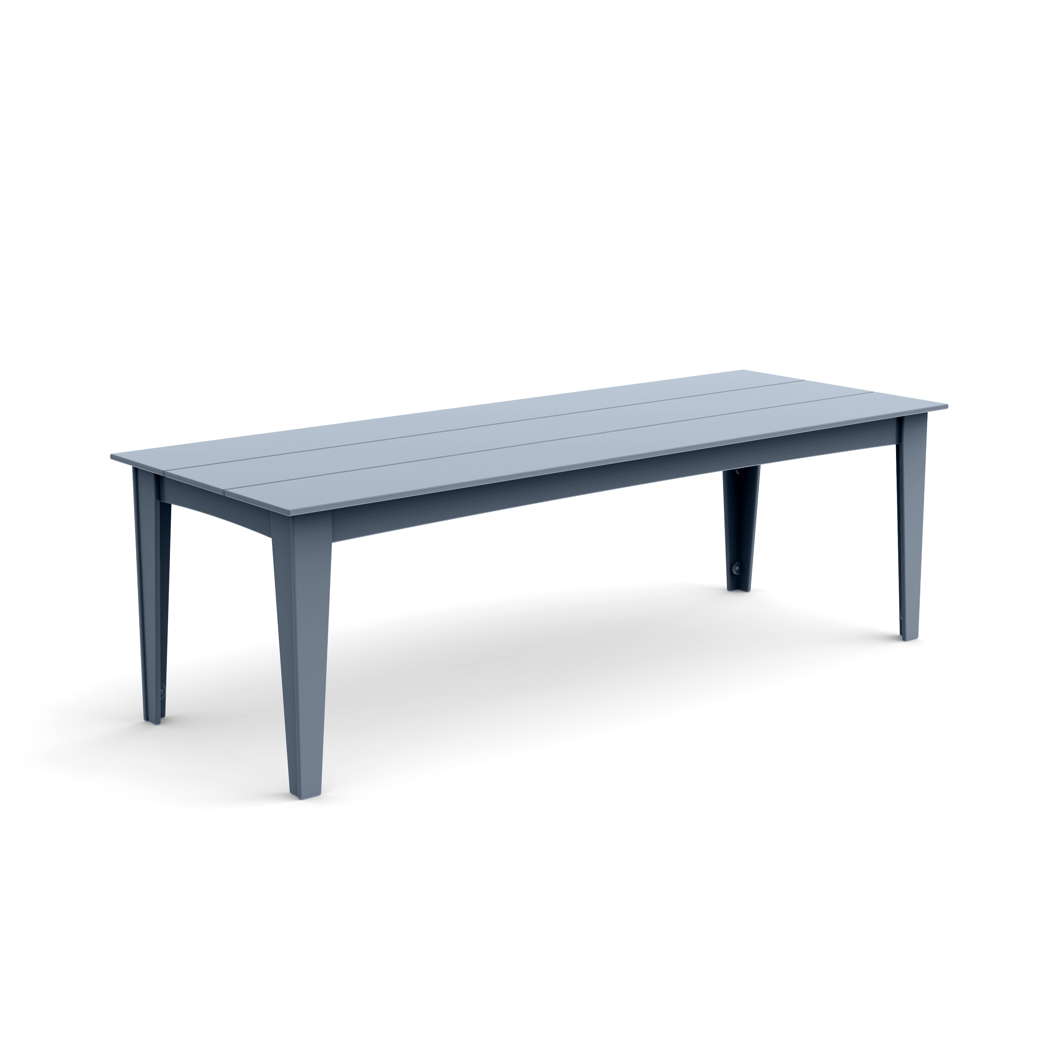 Alfresco dining table in ash blue, 95 inches wide for large outdoor dining spaces.