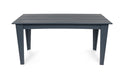 Alfresco dining table in charcoal grey, 62 inches wide by 30 inches deep, weighs 73 pounds.