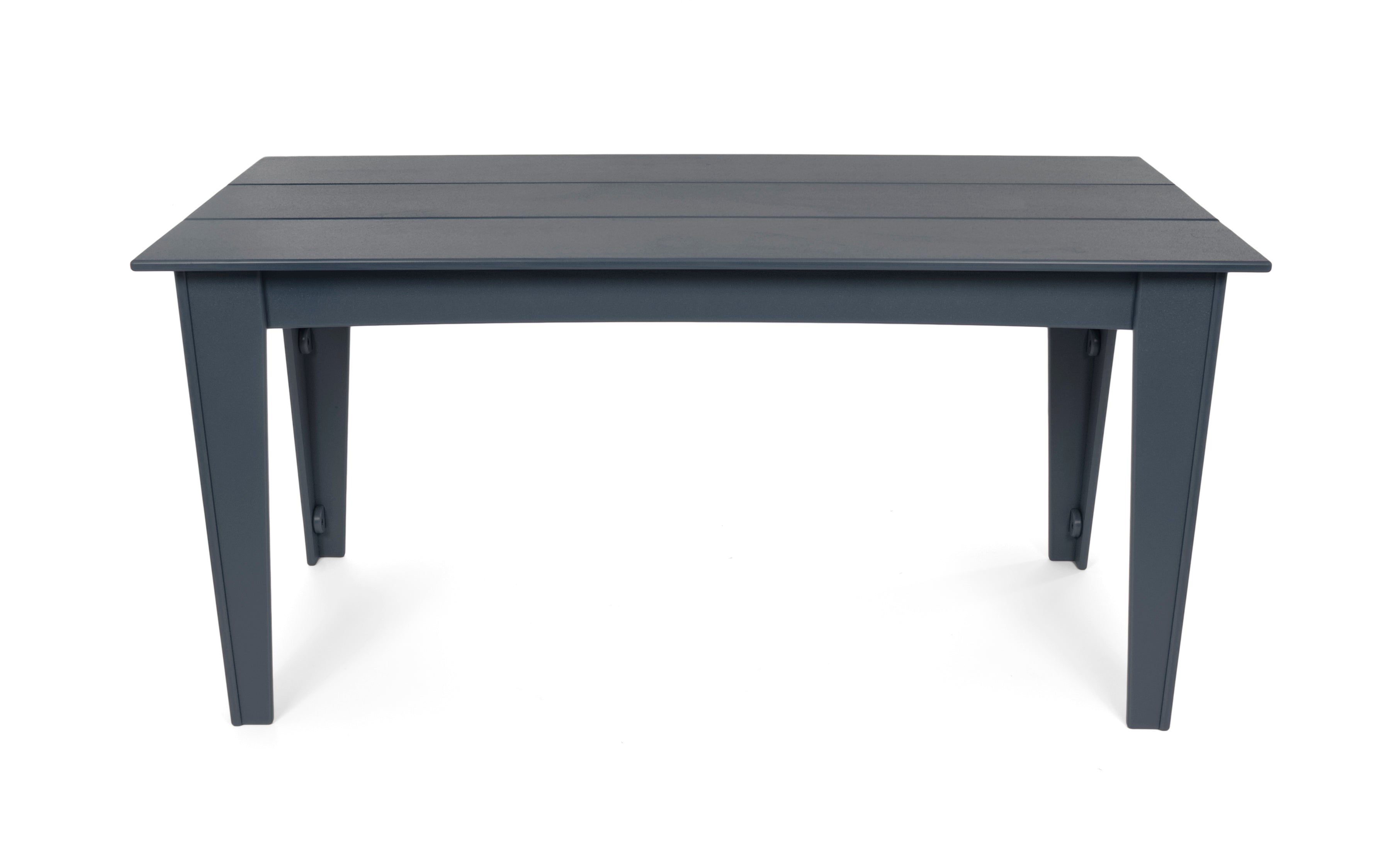 Alfresco dining table in charcoal grey, 62 inches wide by 30 inches deep, weighs 73 pounds.