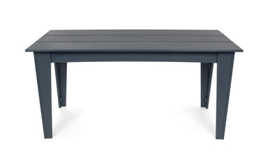 Alfresco dining table in charcoal grey, 62 inches wide by 30 inches deep, weighs 73 pounds.