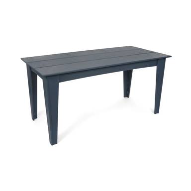 Navy rectangular outdoor dining table with four legs and slatted apron