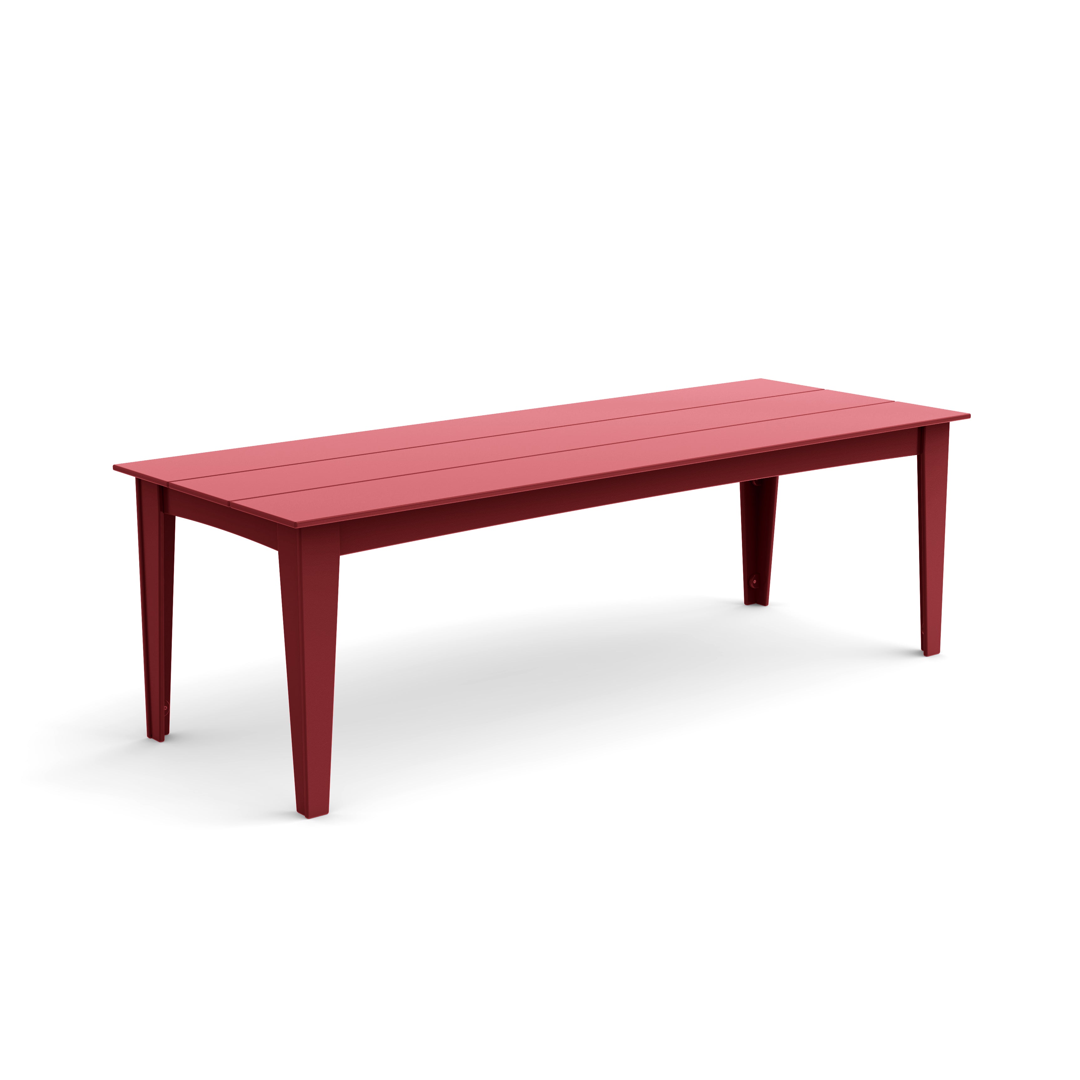 Alfresco dining table in chili red, 95 inches wide, maximum size for bold outdoor dining.