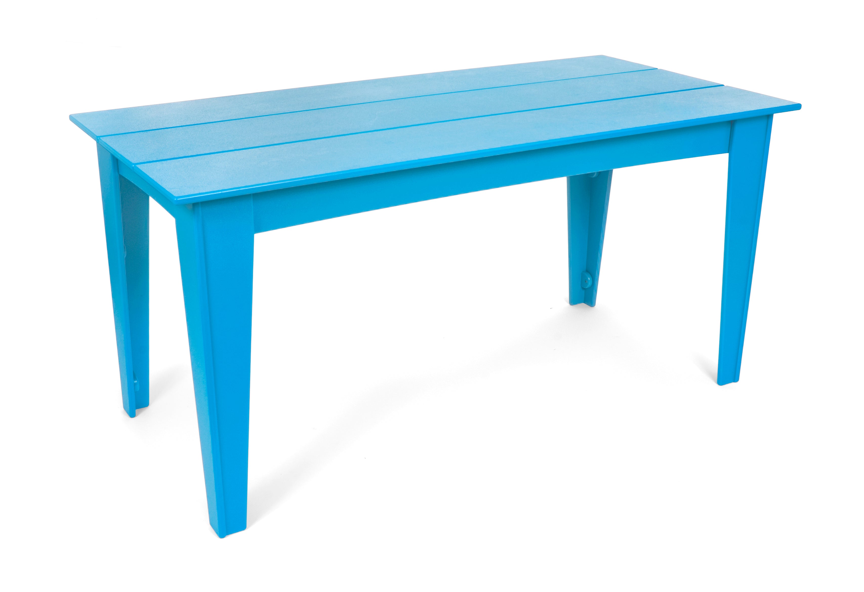 Alfresco dining table in sky blue, 62 inches wide, bright outdoor dining solution.