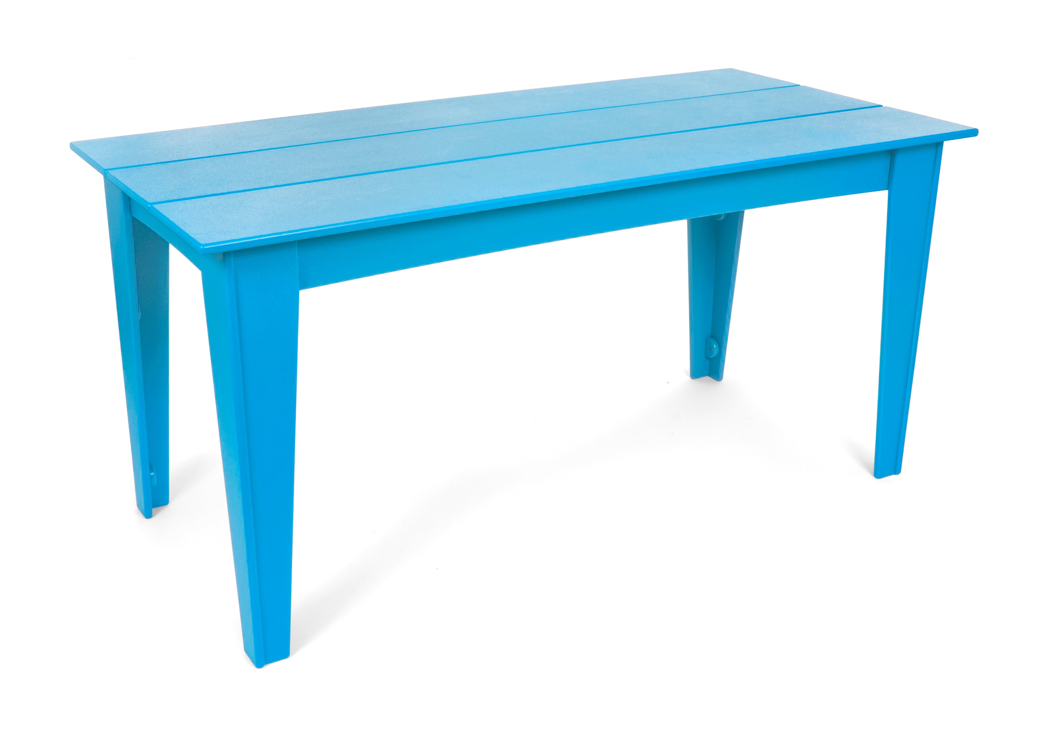 Alfresco dining table in sky blue, 72-inch width for cheerful outdoor dining spaces.