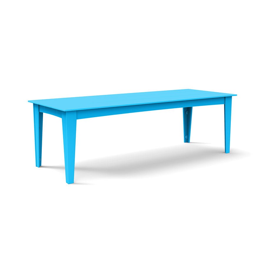 Alfresco dining table in sky blue, 95-inch length for large outdoor entertaining spaces.