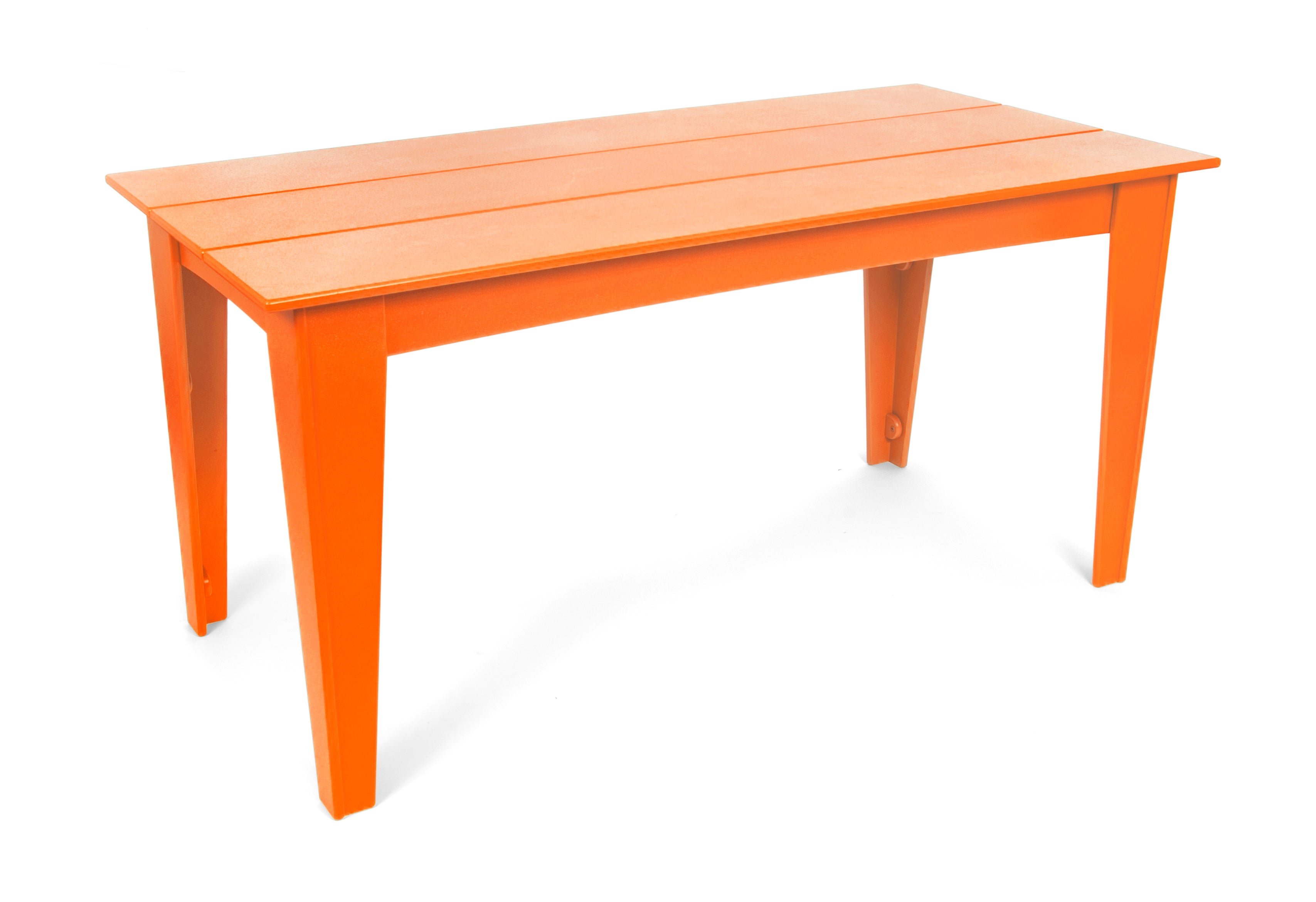 Alfresco dining table in sunset orange, 62 inches wide, bold outdoor dining table.