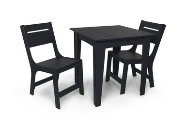 Alfresco Square patio table in black, 30-inch or 36-inch outdoor dining table with recycled plastic top and chairs.