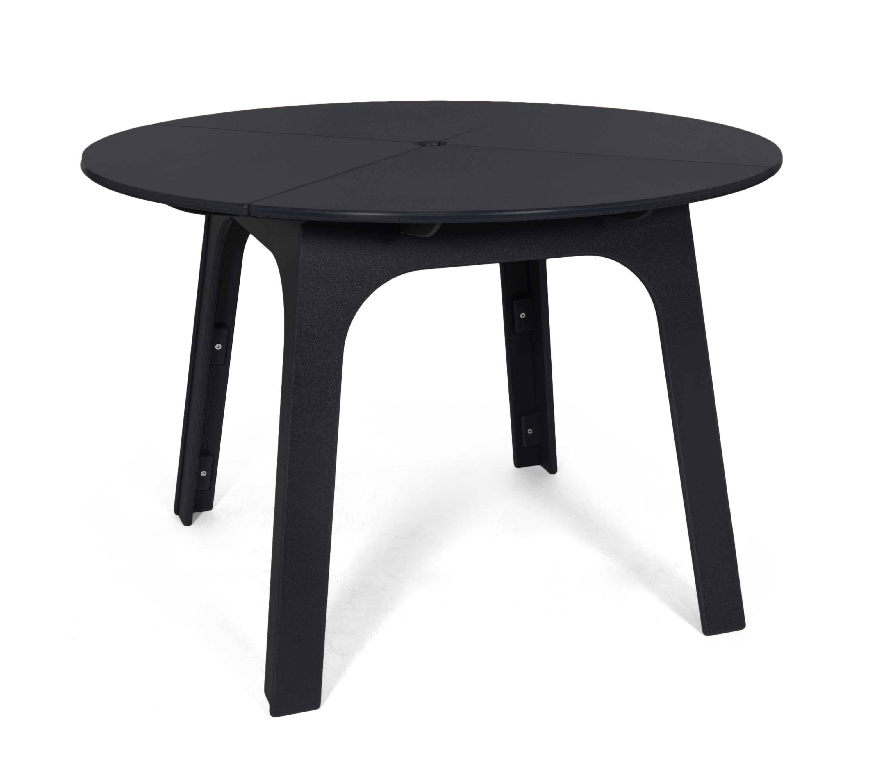 Alfresco Round patio table in black with recycled plastic top and four separate legs.