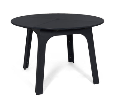 Alfresco Round patio table in black with recycled plastic top and four separate legs.