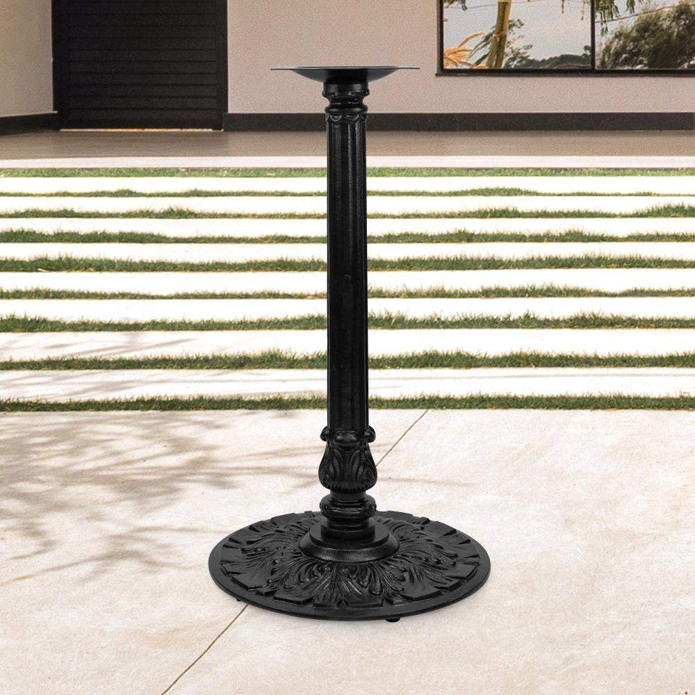 Black cast table base with tall pedestal column and ornate round base plate