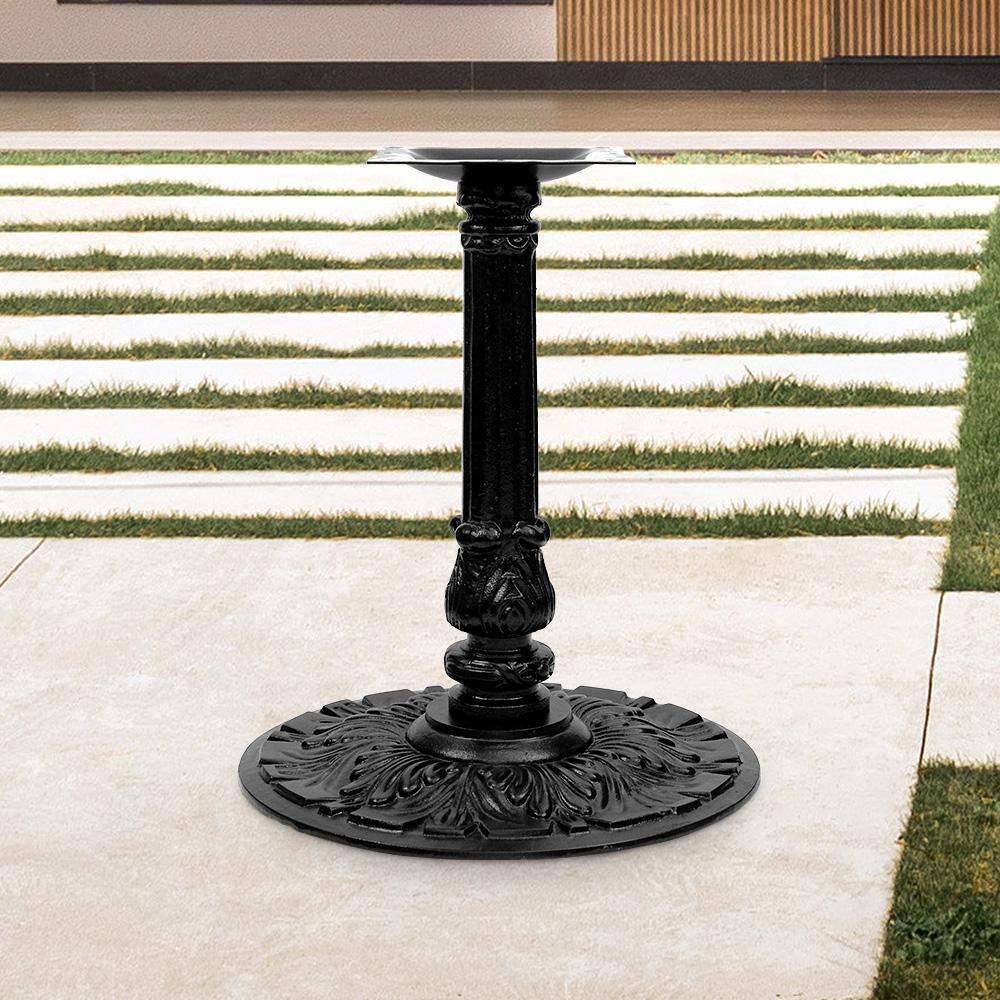 Black cast table base with ornate round base plate and central pedestal