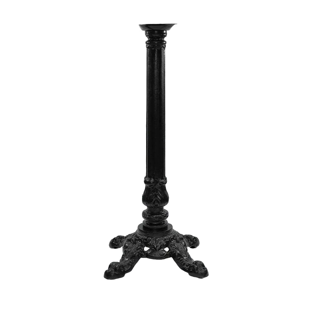 Black cast table base, slender column with carved tripod feet