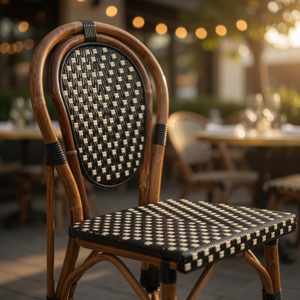 Side chair with curved wood back and black seat, woven cream lattice pattern.