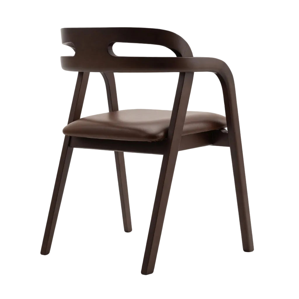 Arm chair with padded dark brown seat cushion and backrest, angled wood legs, armrests