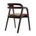 Arm chair with padded dark brown seat cushion and backrest, angled wood legs, armrests