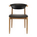 Natural wood side chair with black upholstered seat and rounded backrest, four tapered legs
