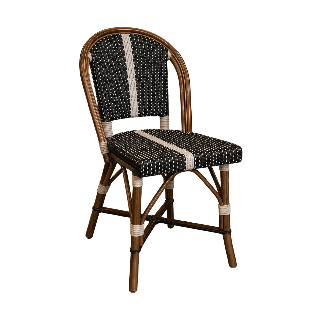 Side chair with black woven seat and back, light wood frame, white striping.
