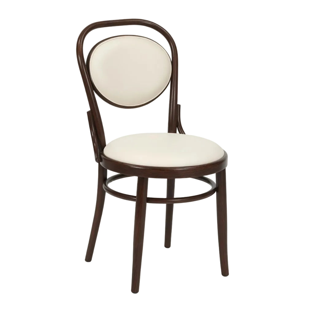 Wood side chair with curved backrest, dark finish, beige upholstered seat
