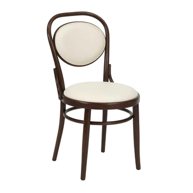 Wood side chair with curved backrest, dark finish, beige upholstered seat