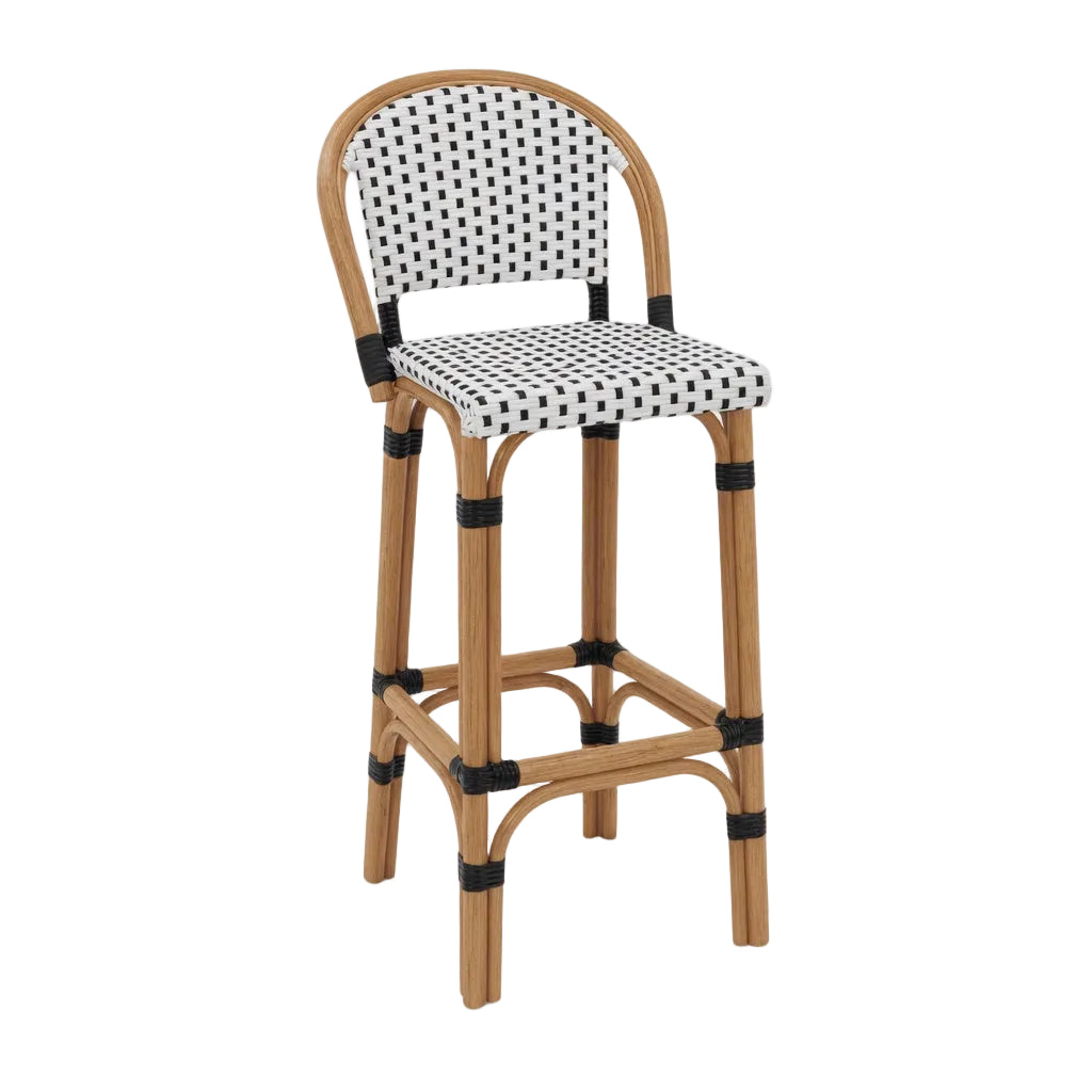 Bar stool with light wood frame and white woven seat and back with black speckles