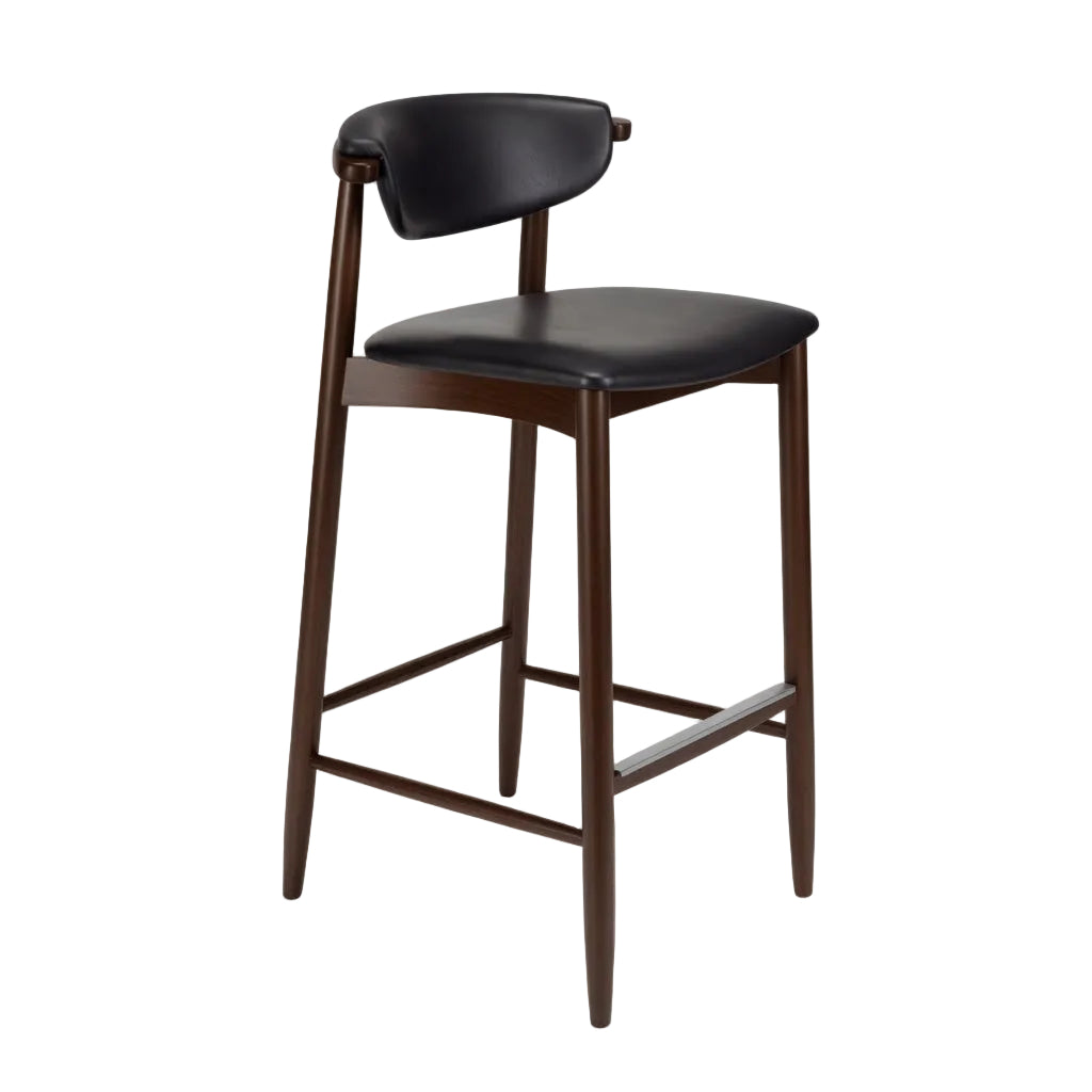 Bar stool with black upholstered seat and back, dark wood legs, built-in footrest