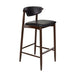 Bar stool with black upholstered seat and back, dark wood legs, built-in footrest