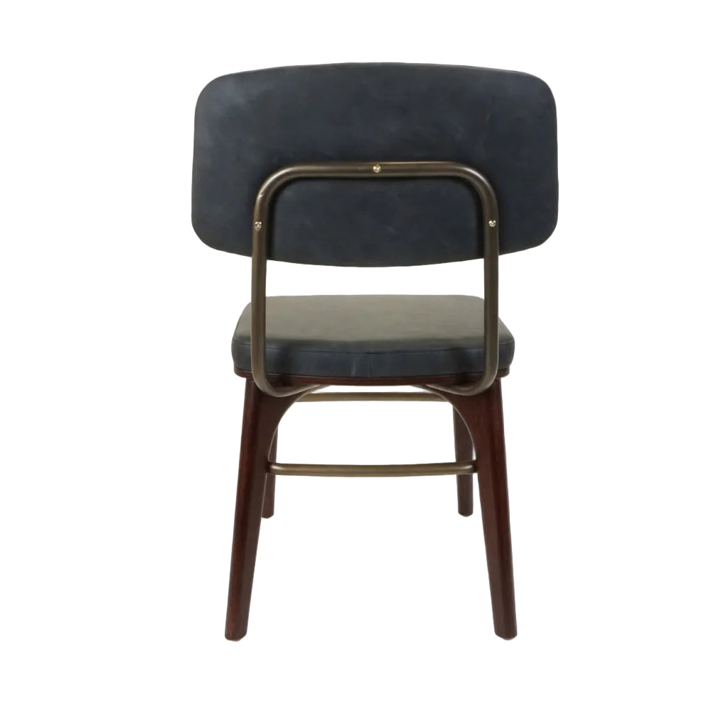 Dark gray upholstered side chair with curved back frame and wood legs