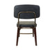 Dark gray upholstered side chair with curved back frame and wood legs