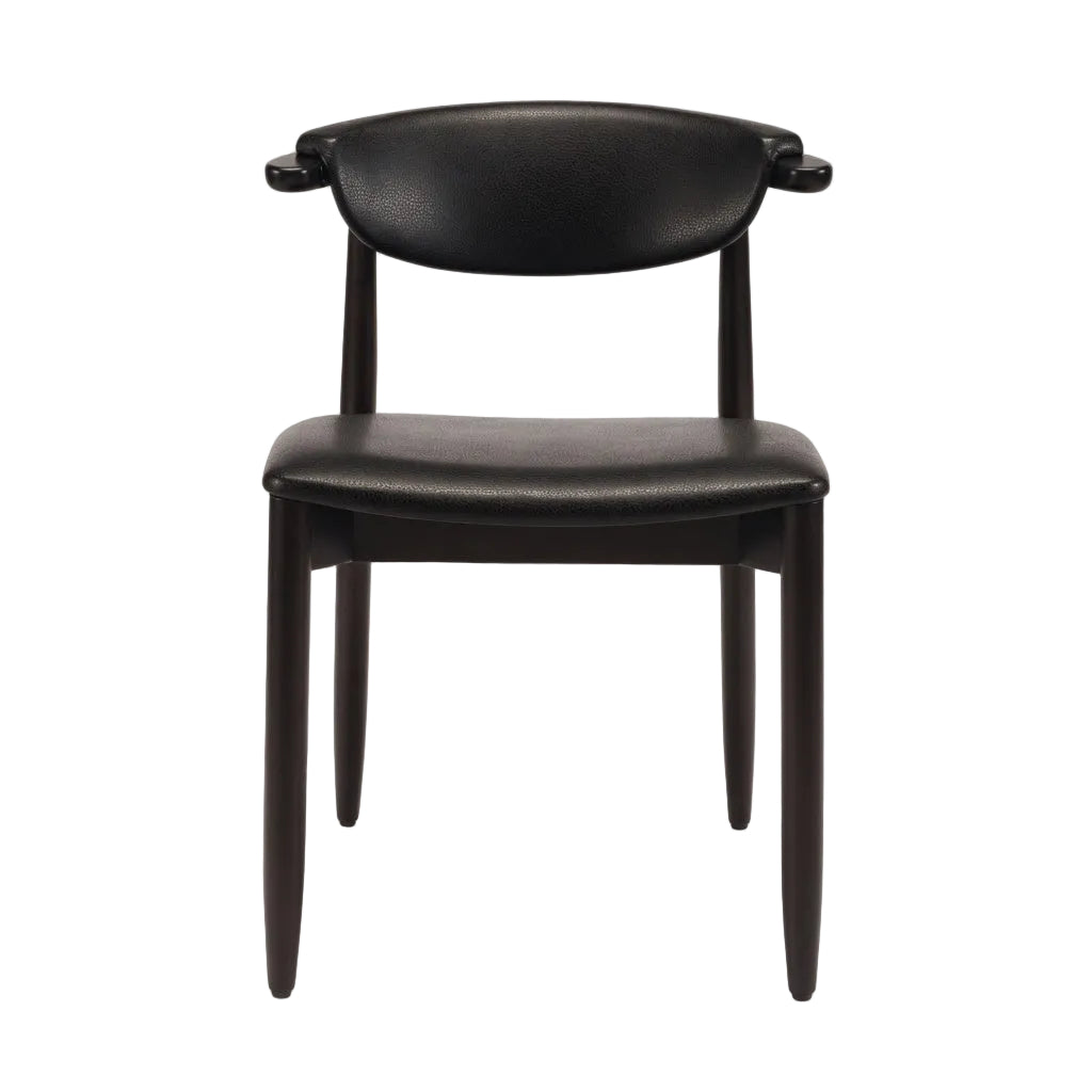 Dark brown side chair with black upholstered seat and rounded backrest, front view