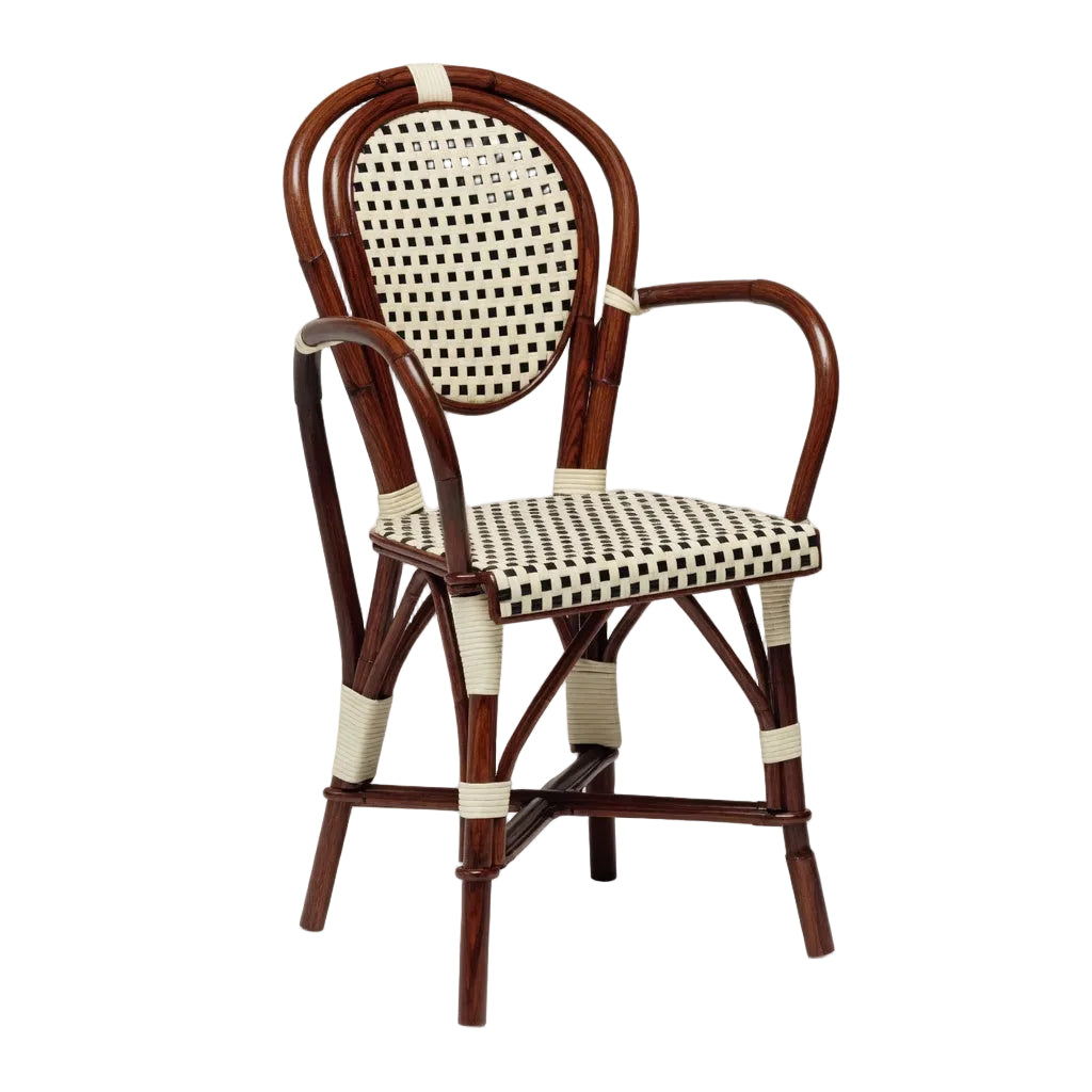 Galley side chair with dark wood frame, woven black-and-white rush seat and back