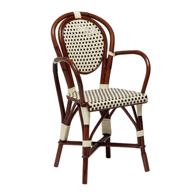 Galley side chair with dark wood frame, woven black-and-white rush seat and back