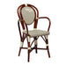 Galley side chair with dark wood frame, woven black-and-white rush seat and back