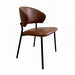 Side chair with brown upholstered seat and rounded back, black metal legs