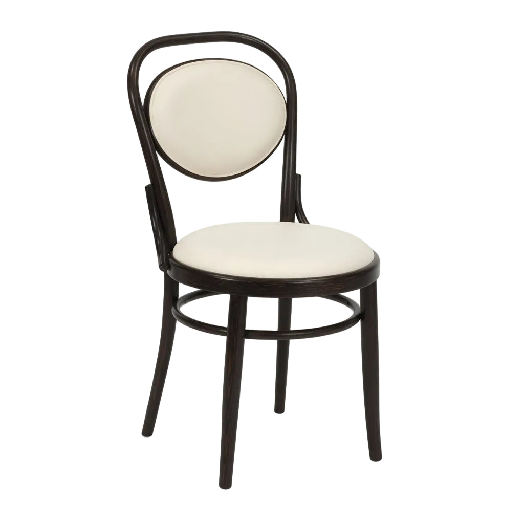 Wood side chair with curved backrest and ring base, dark finish, beige seat cushion